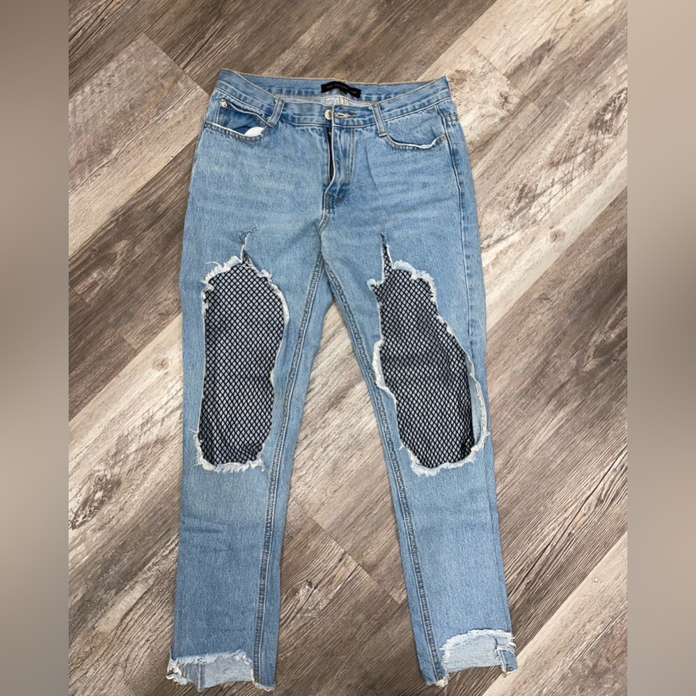 The Vintage Shop Blue Straight Leg Jeans with Fishnet Accents